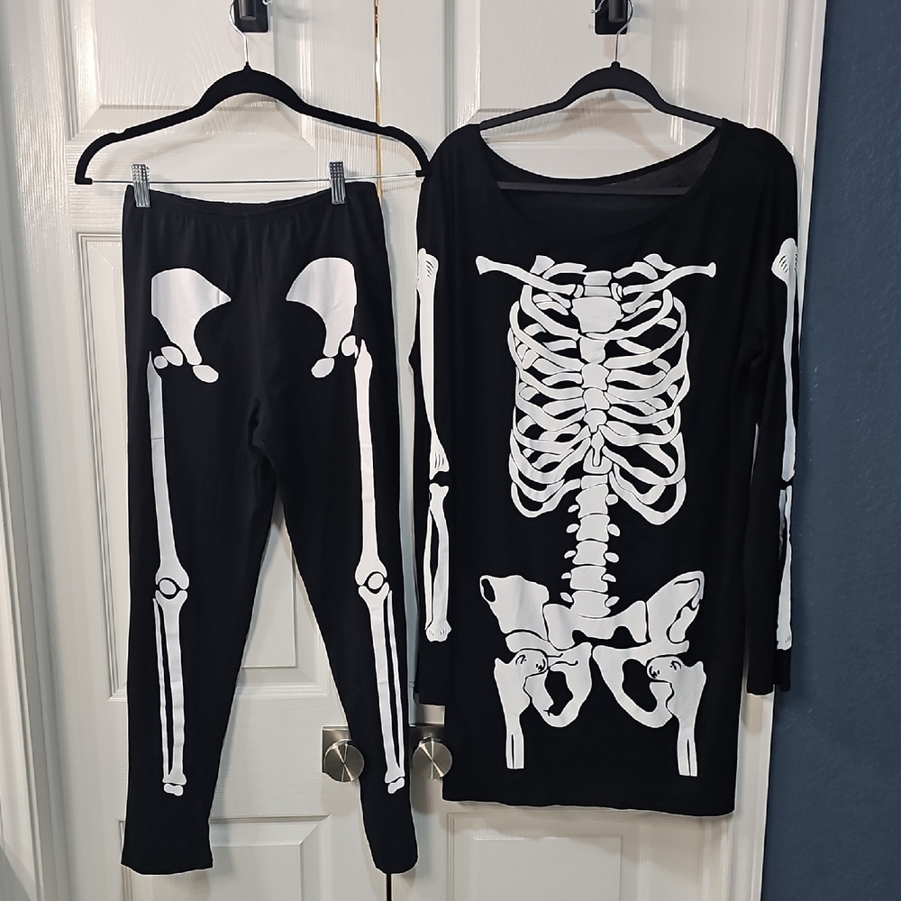 Women's Halloween Costume Skeletal Tunic and Elastic Pants Set Black White Large
